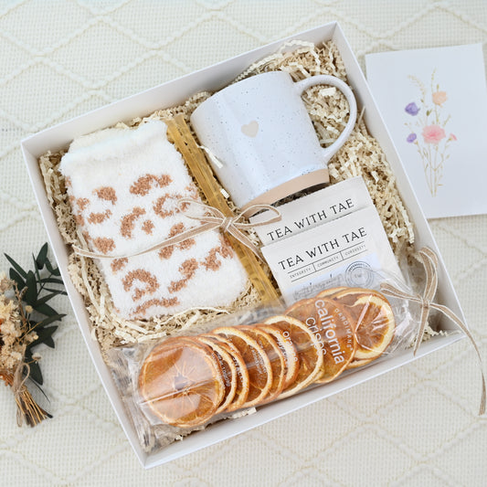 Cozy Gift Box with Tea, Mug, Socks & Greeting Card – Relaxation Care Package for Her