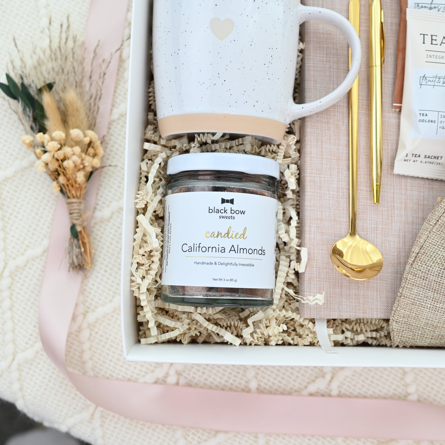 Tea & Treats Gift Box – Cozy Care Package with Mug, Tea, Candied Almonds & Caramels