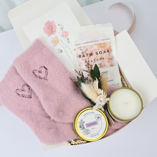 Cozy Self-Care Gift Box | Lavender Candle, Bath Soak & Fuzzy Socks | Relaxation Spa Gift for Her