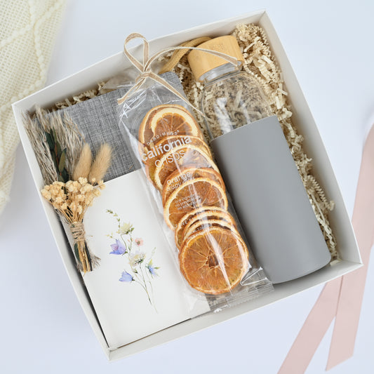Gift Box with Notebook, Glass Bottle, Dried Oranges, Personalized Card & Optional Polaroid Magnet – Corporate & Thank You Gift