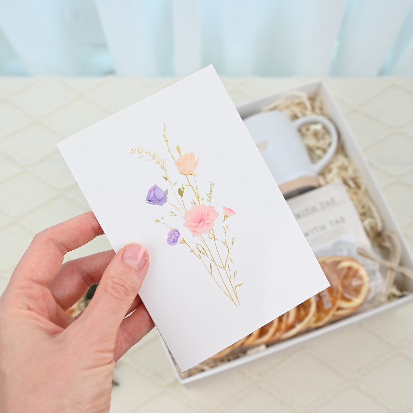 Cozy Gift Box with Tea, Mug, Socks & Greeting Card – Relaxation Care Package for Her