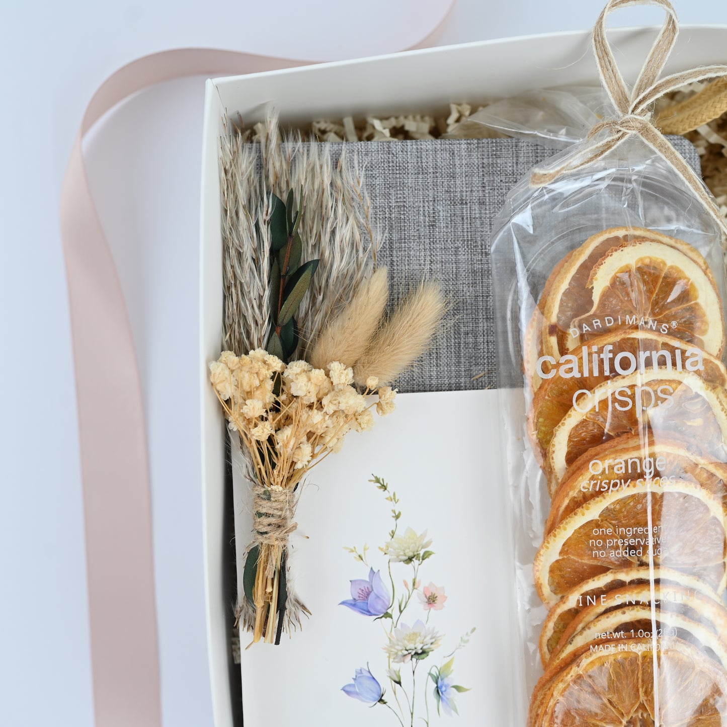 Gift Box with Notebook, Glass Bottle, Dried Oranges, Personalized Card & Optional Polaroid Magnet – Corporate & Thank You Gift