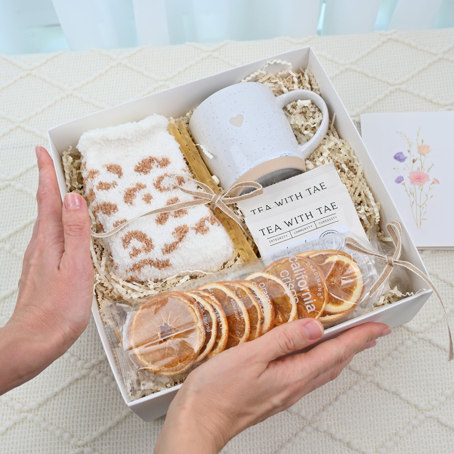 Cozy Gift Box with Tea, Mug, Socks & Greeting Card – Relaxation Care Package for Her