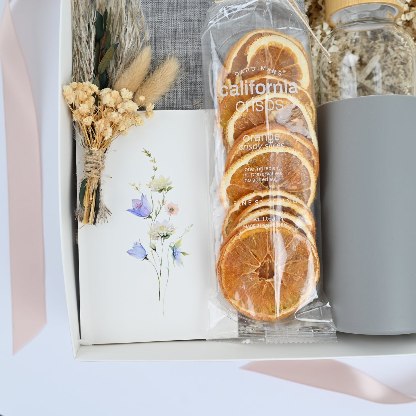 Gift Box with Notebook, Glass Bottle, Dried Oranges, Personalized Card & Optional Polaroid Magnet – Corporate & Thank You Gift