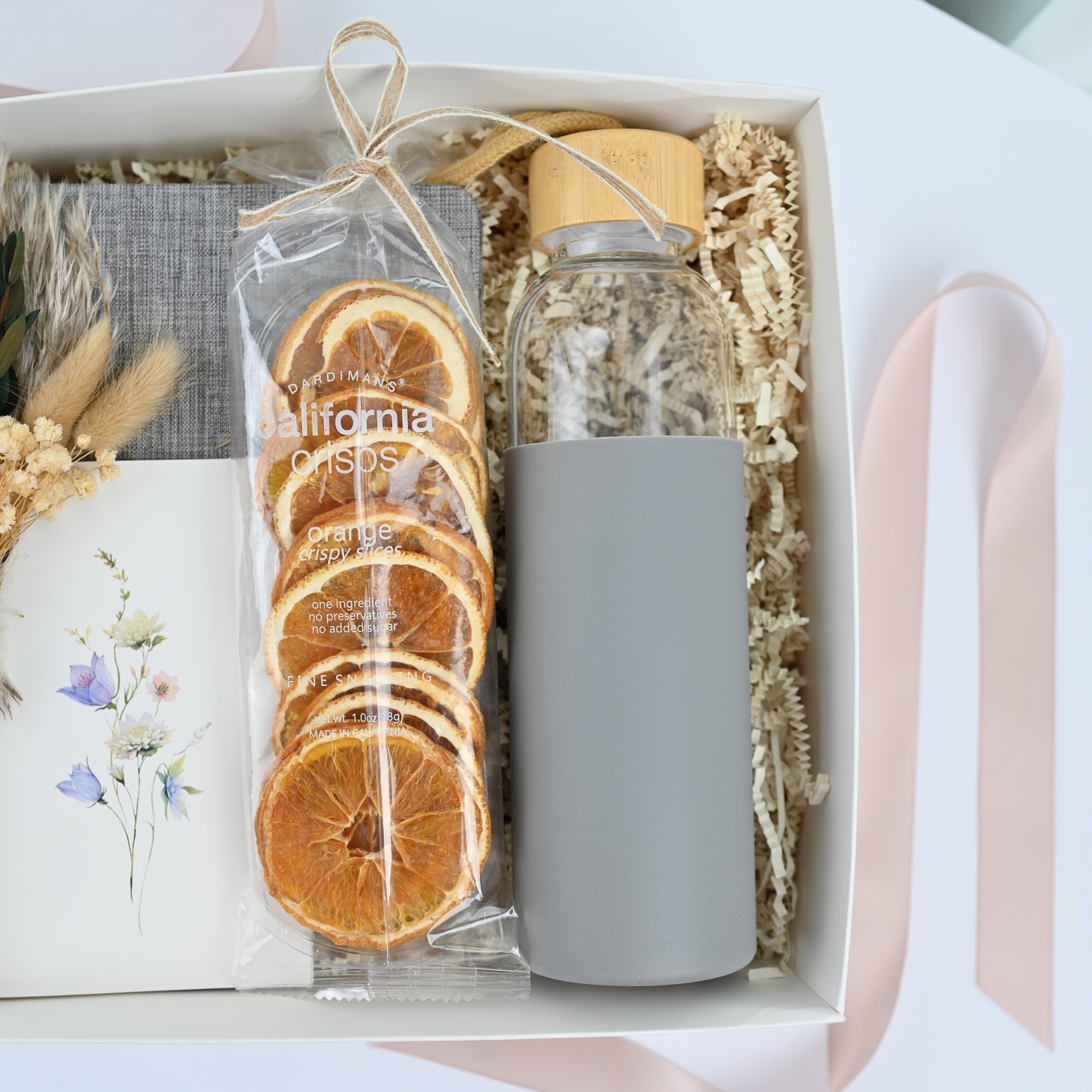 Gift Box with Notebook, Glass Bottle, Dried Oranges, Personalized Card & Optional Polaroid Magnet – Corporate & Thank You Gift
