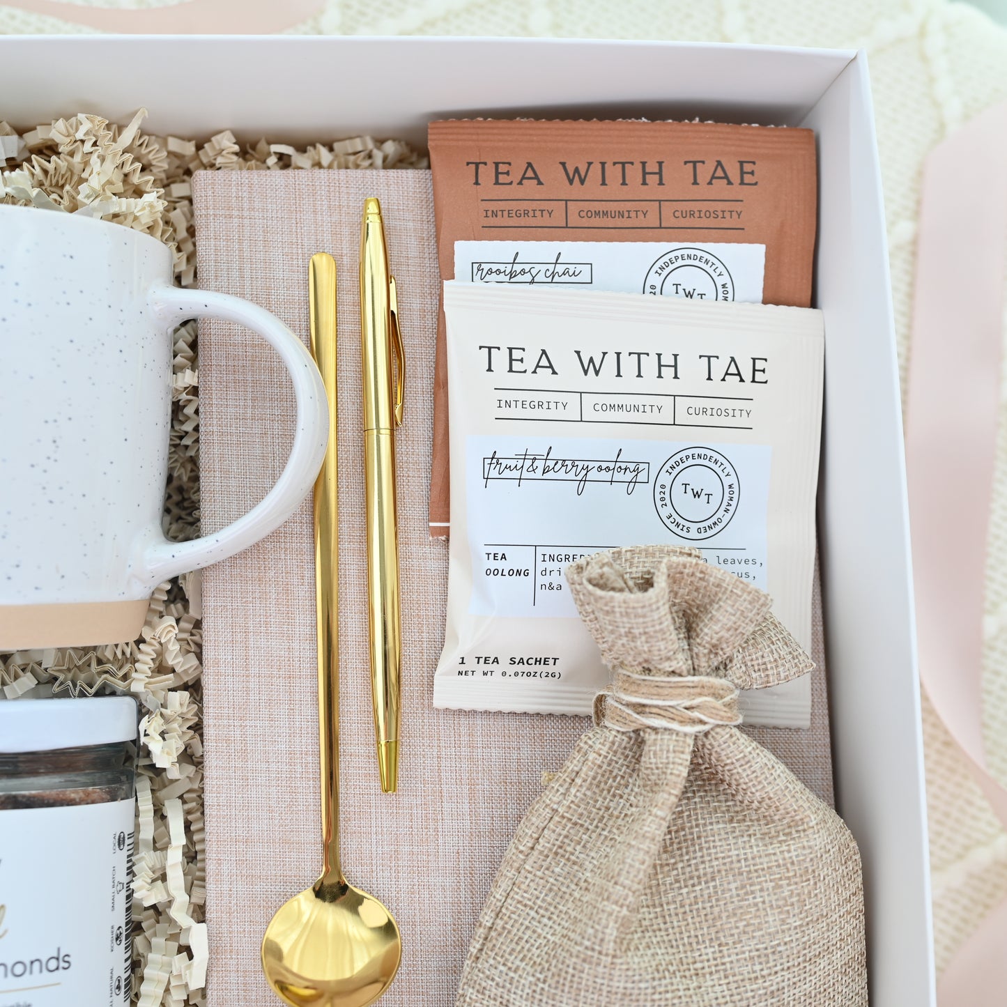 Tea & Treats Gift Box – Cozy Care Package with Mug, Tea, Candied Almonds & Caramels